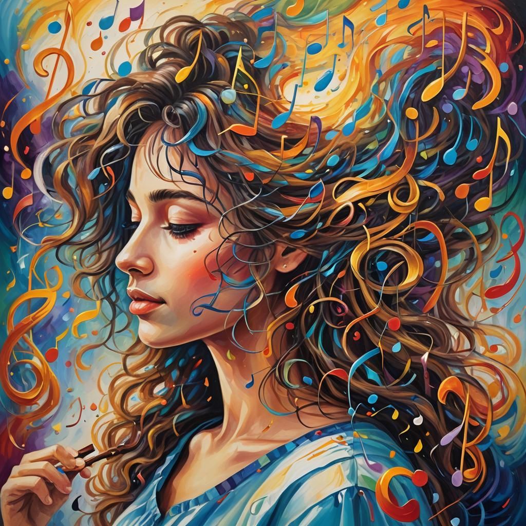 Surreal Musician with Flowing Music Notes