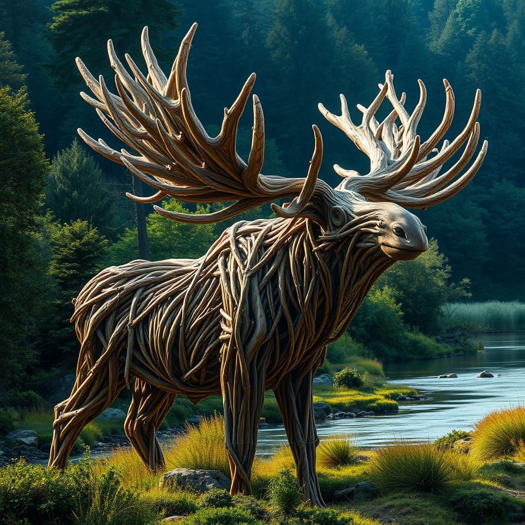 Driftwood Moose Sculpture Near River, Dreamlike Lighting