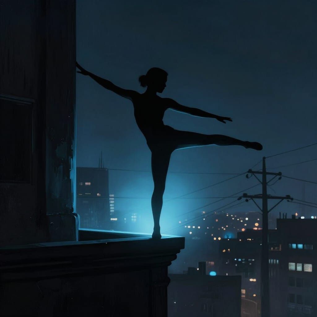 Gymnast Silhouette Balances on Skyscraper Ledge Under Neon L...