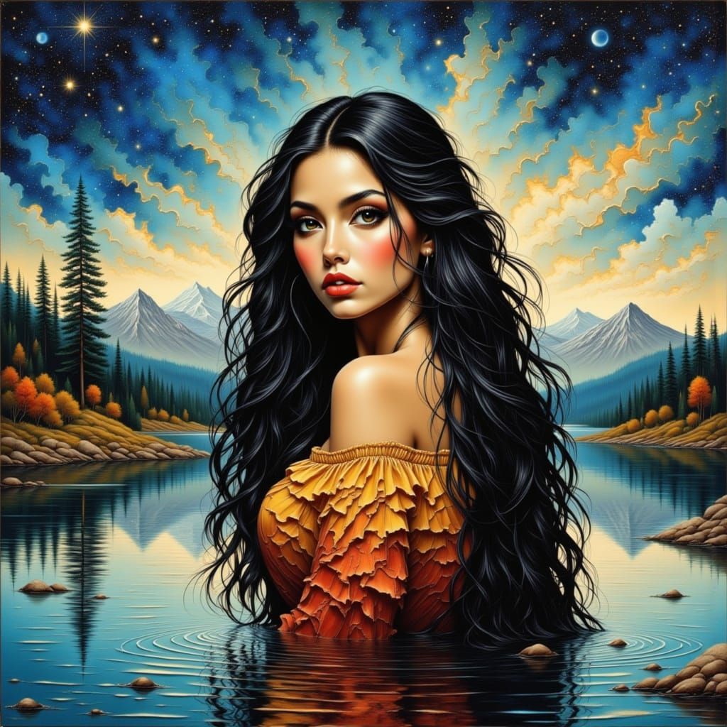 Woman in Reflective Lake Under Cosmic Sky