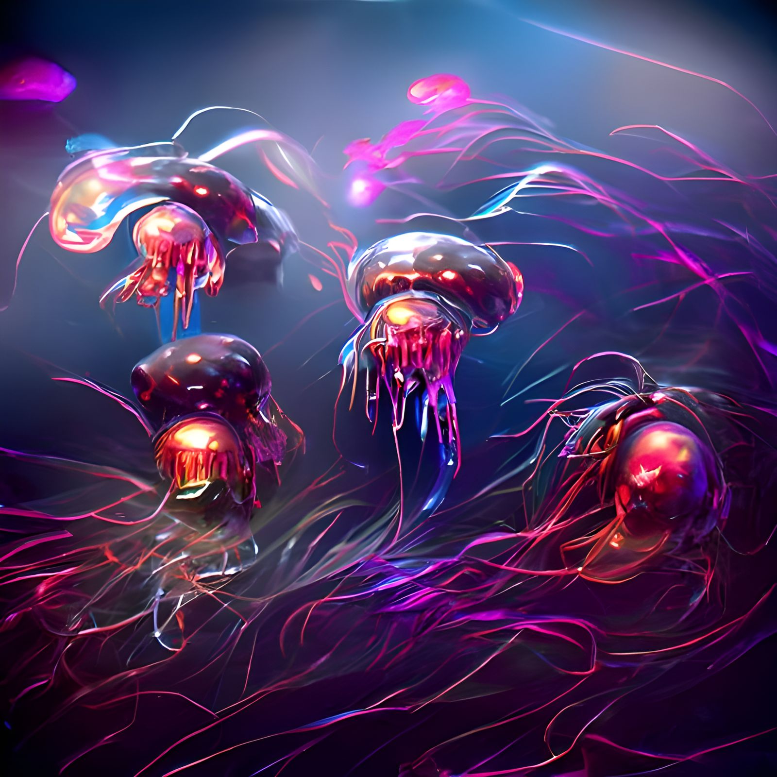 Neon Jellyfish in Dark Water: 3D Render