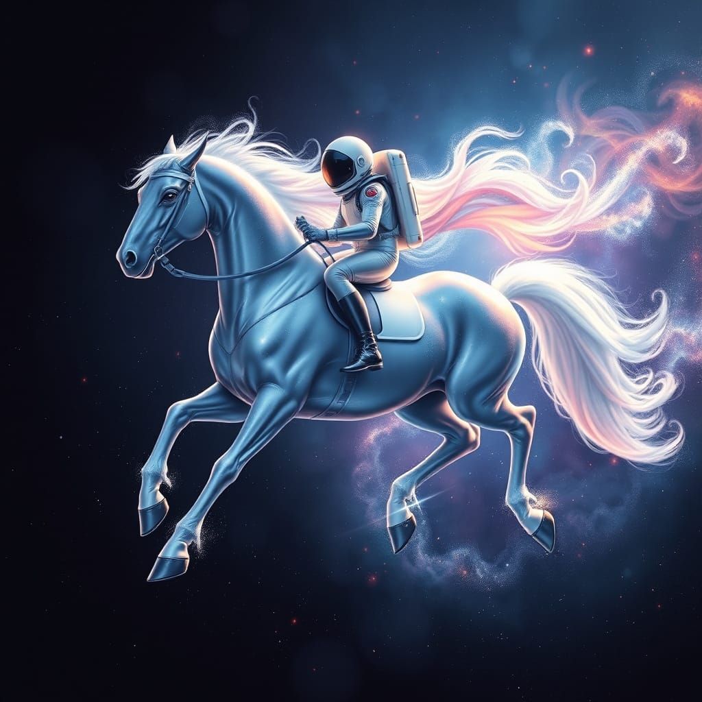 Astronaut Rides Majestic, Glowing Horse Through Cosmic Space