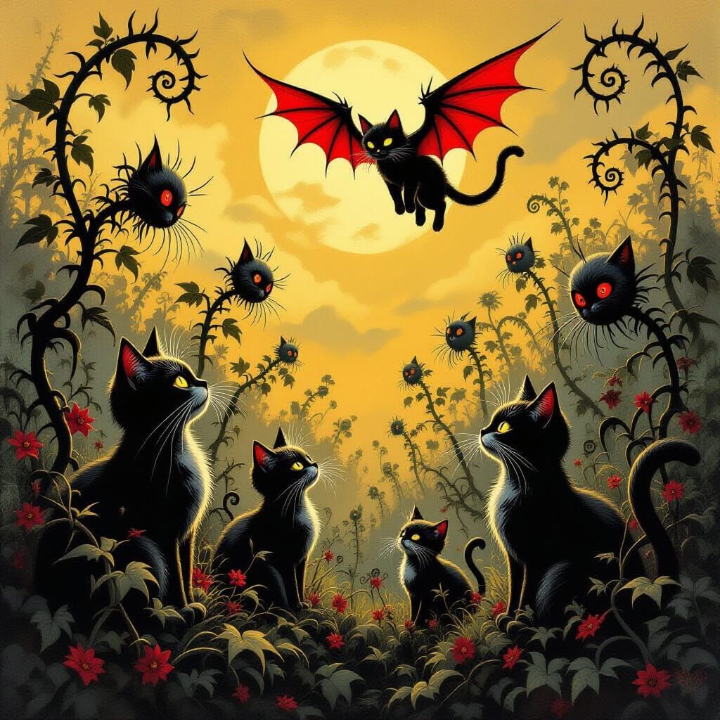 Surreal Gothic Garden of Grotesque Cats