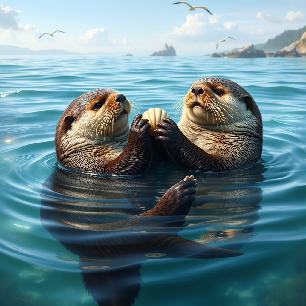 Playful Sea Otters Passing Seashell in Turquoise Water
