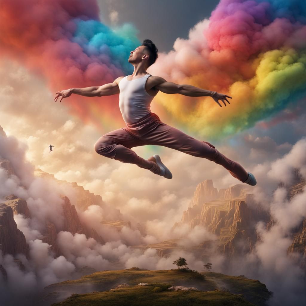 Asian Dancer's Rainbow Cloud: Detailed Matte Painting