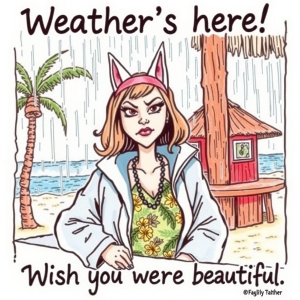 Sarcastic Tiki Bar Scene in Rainy Weather