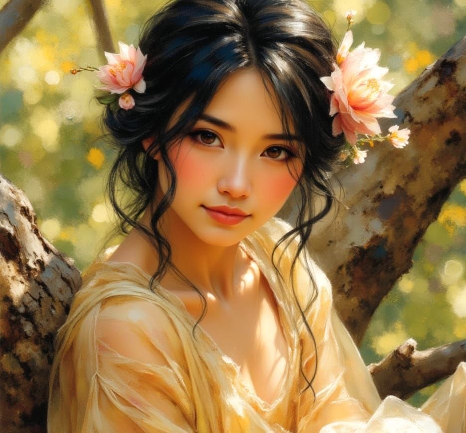 Ethereal Girl with Peach Blossom in Watercolor Style