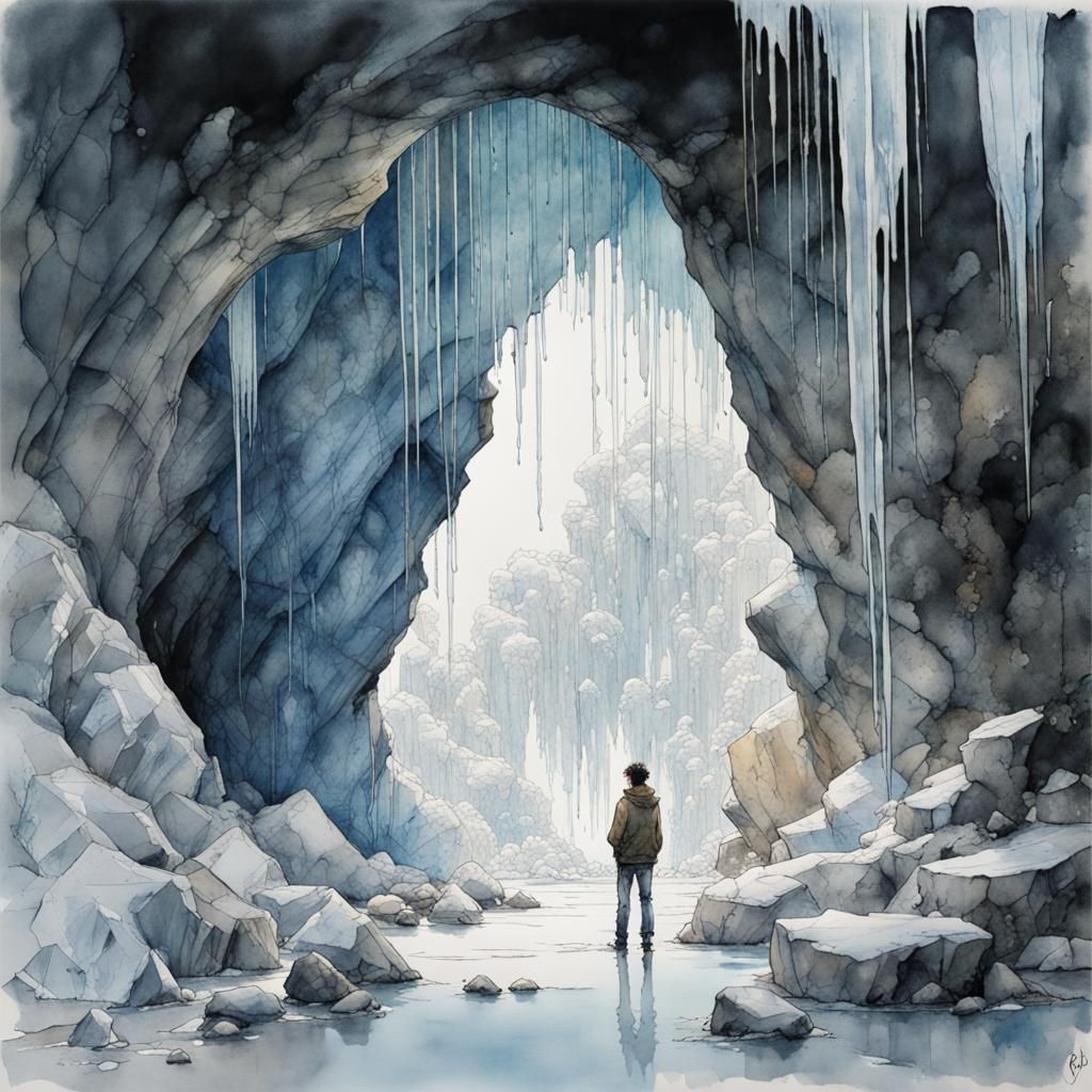 Icy Crystal Cave with Watercolor Portrait