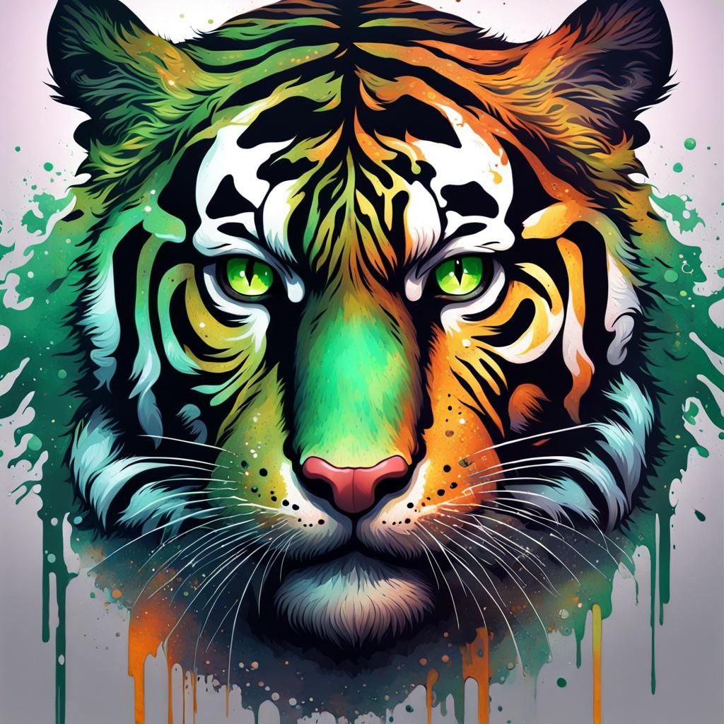 Fantasy Tiger with Green Eyes in Graffiti Art Style