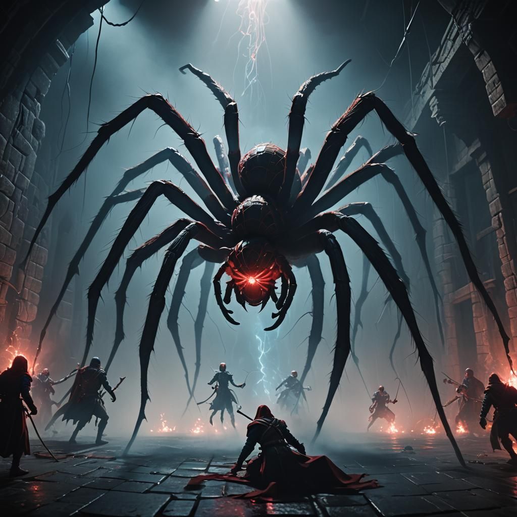 D&D Heroes Clash with Giant Spider in Dungeon