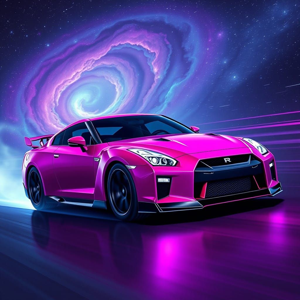 Sleek Nissan GT-R Speeds Through Starry Night Sky in Vibrant...