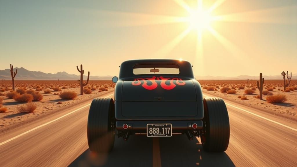 Black Hot Rod with Red Flames on Desert Road