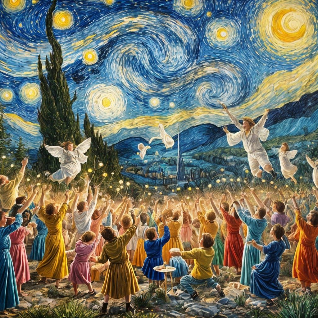 Artists Painting Fairies at Sunrise in Van Gogh Style