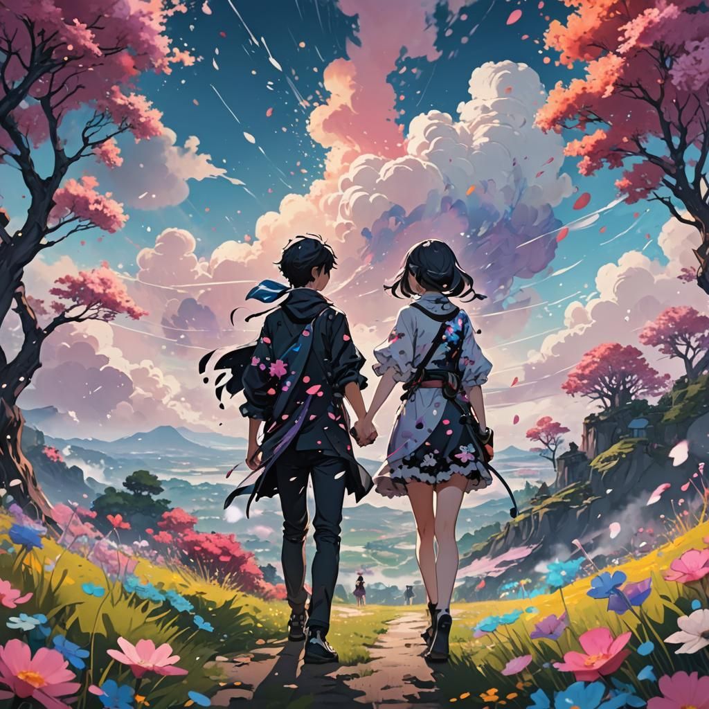 Ink Splatter Couple in Dreamlike Anime Landscape