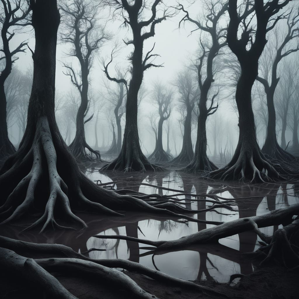 Dark Surrealism: Misty Swamp with Twisted Trees