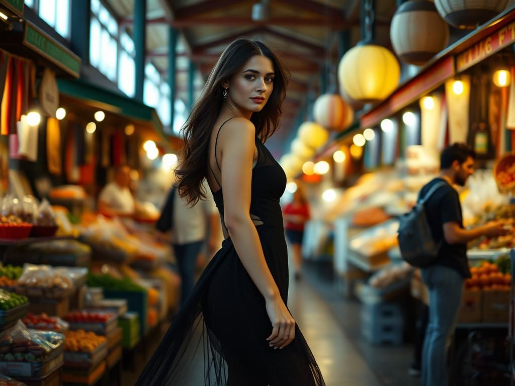 Beautiful Woman Catwalking in Busy Market, Analogue Portrait