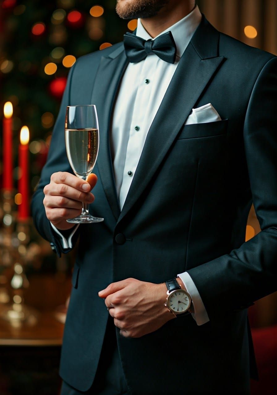Dapper Gentleman in Black Tuxedo, Champagne in Hand, with a...