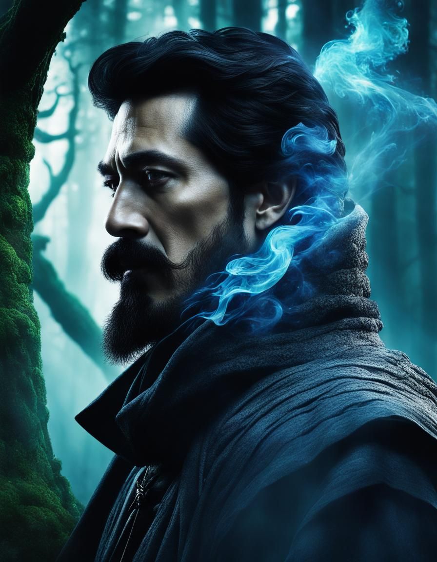 Wizard's Face Double Exposure with Dragon