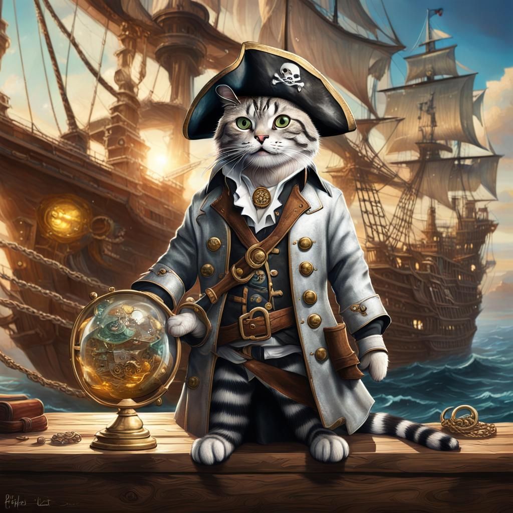 Pirate Tabby Cat on a Galleon in Hyperrealistic Style