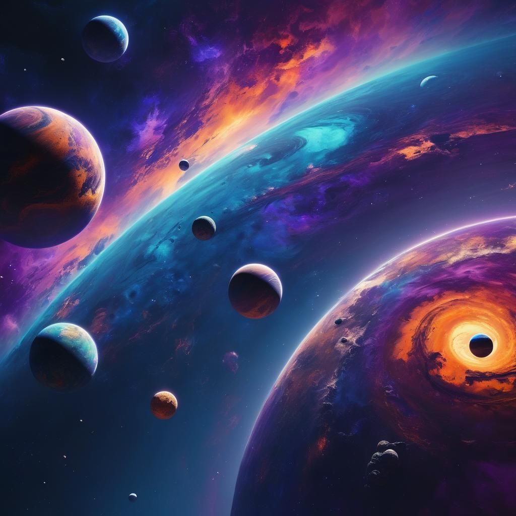 Complex Orbit of Three Celestial Bodies: Sci-Fi Oil Painting