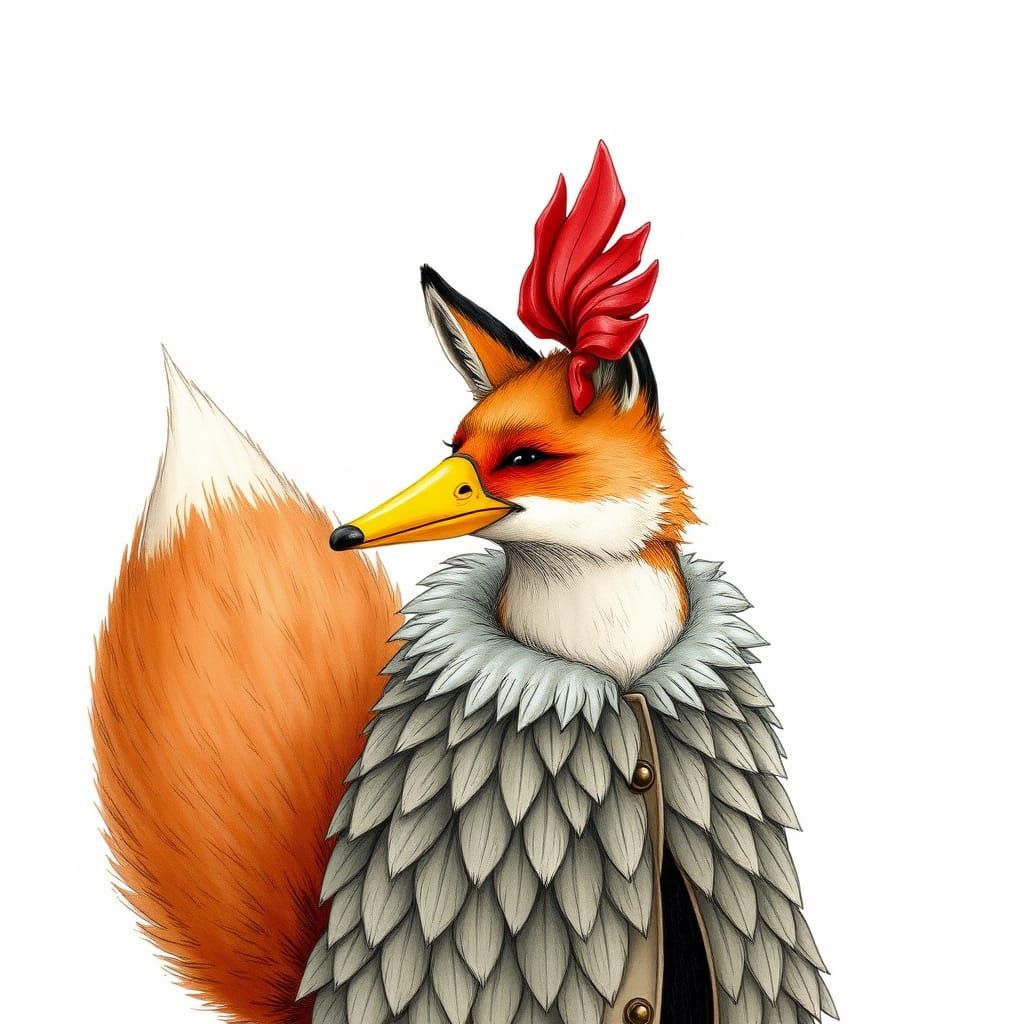 Whimsical Fox in Feather Jacket with Rooster Comb