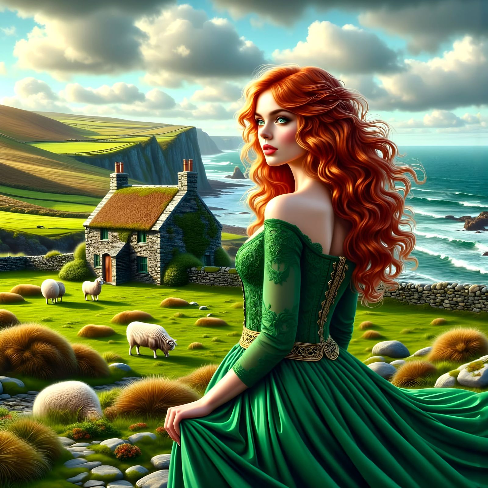 A Red Haired Irish Woman Stands on Emerald Cliffs Overlookin...