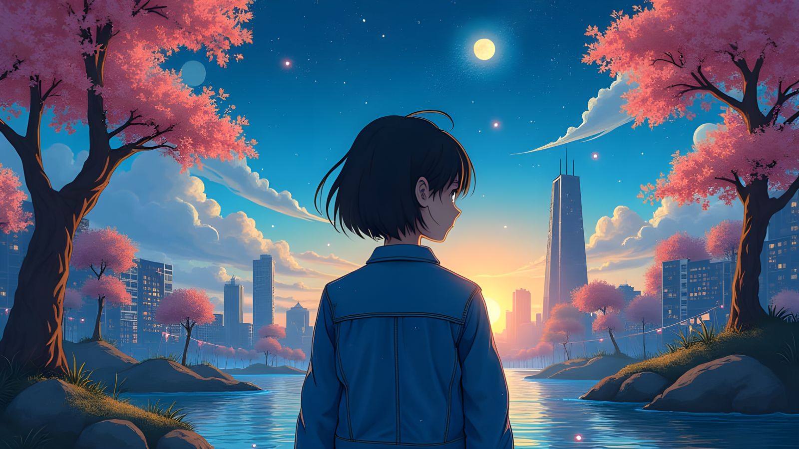 Ethereal Convergence in Celestial Anime Style