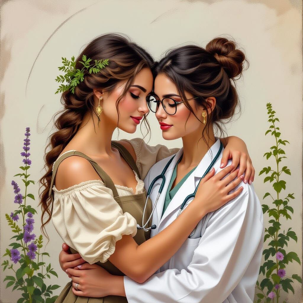 Doctor and Former Witch Embrace in Herbal Lab