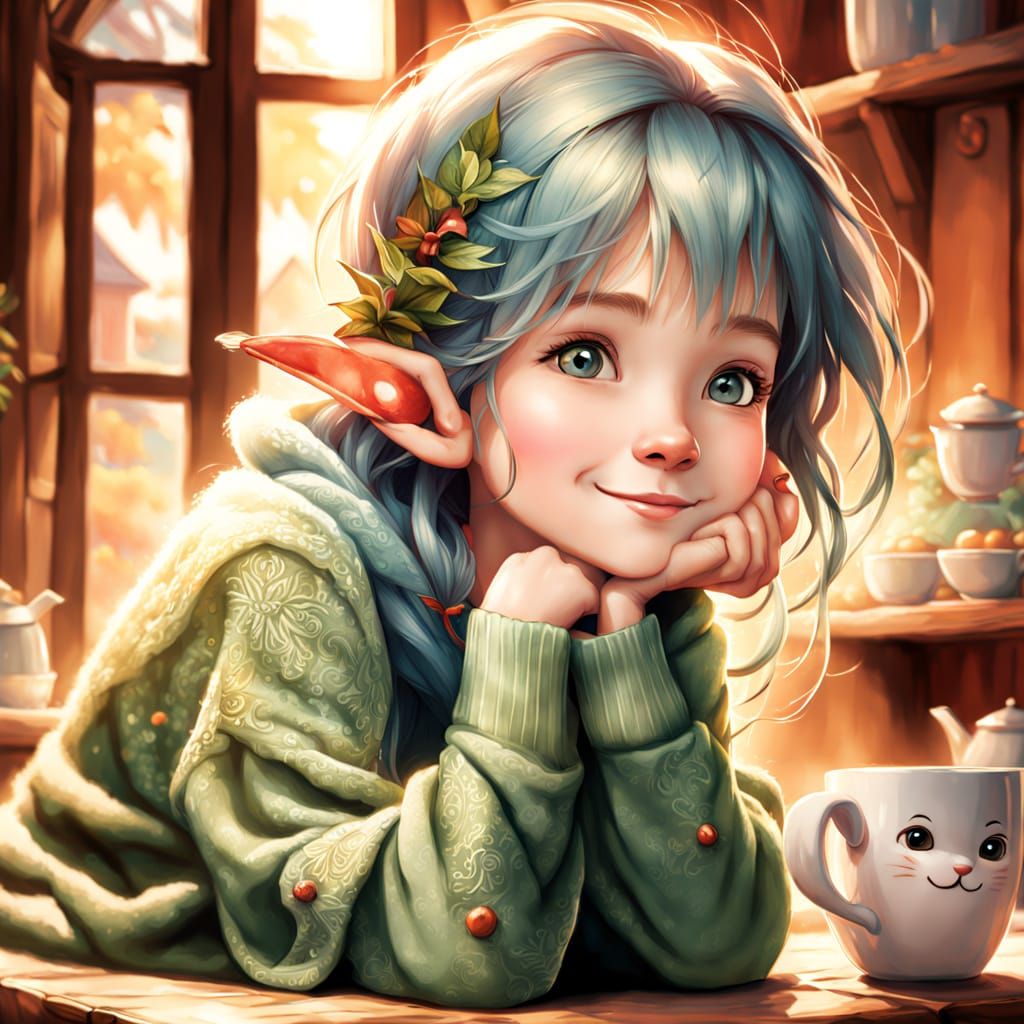 Cheerful Small Elf Sits on Coffee Mug in Cozy Kitchen