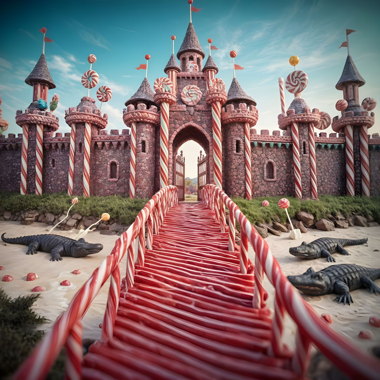 Whimsical Candy Castle With Chocolate Moat and Gummy Alligat...