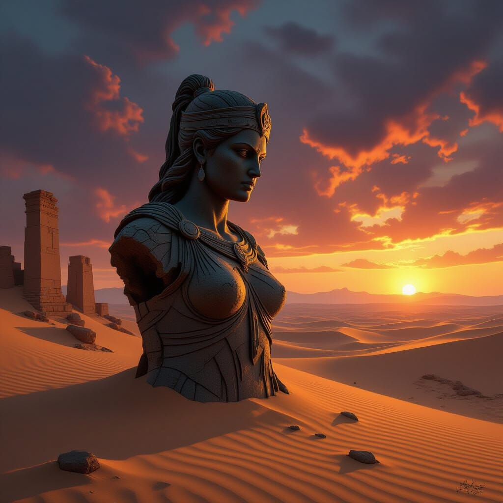 Colossal Warrior Statue in Surreal Desert Sunset