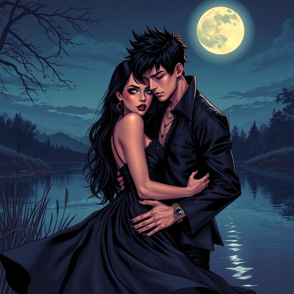 Romantic Lakeside Embrace in Comic Book Style