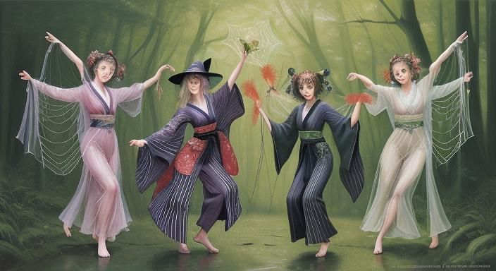 Spider Witch Sisters Dance in Forest, Oil Painting