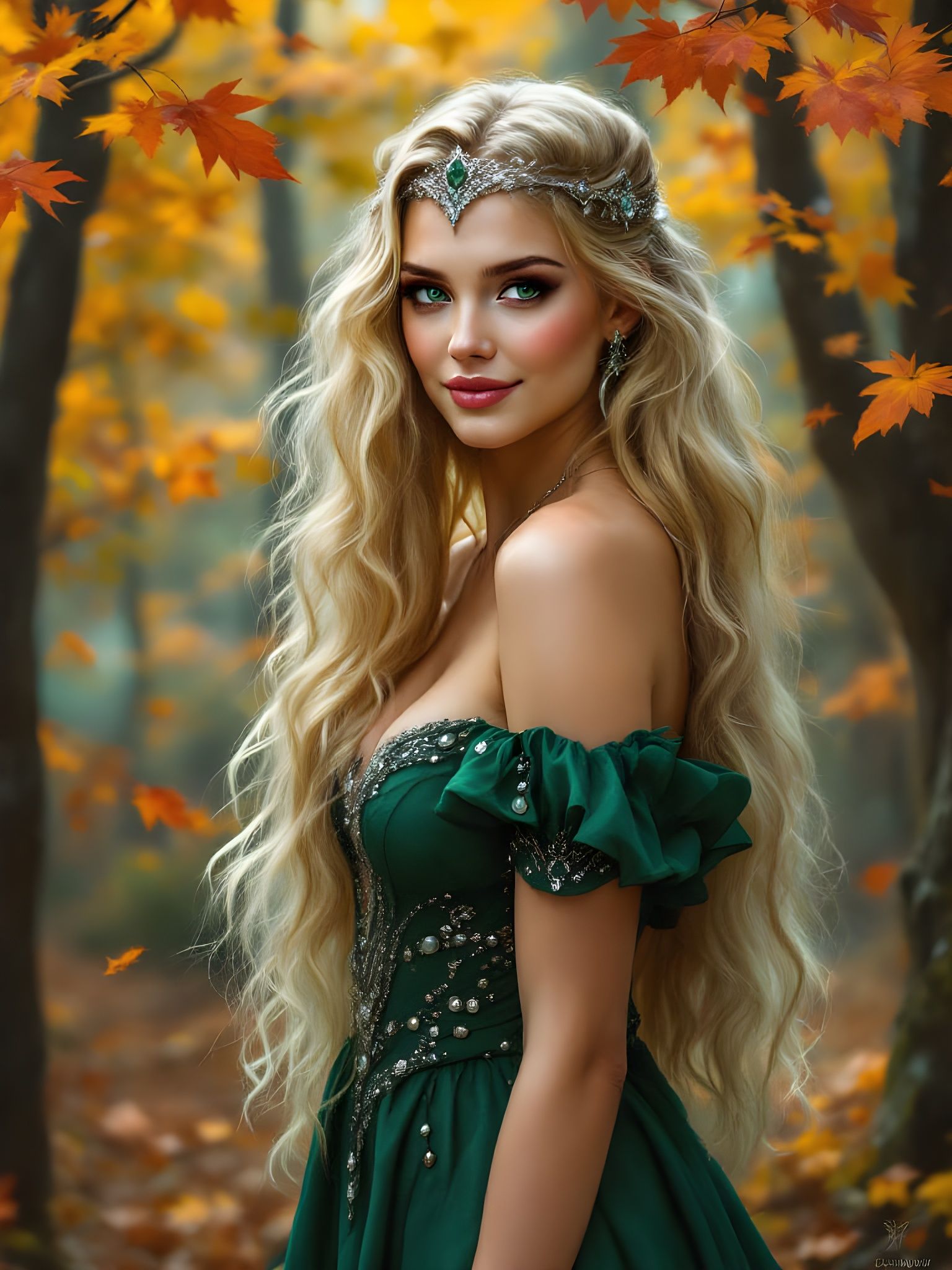 Fréyja, Goddess of Beauty in Autumn Forest, Oil Painting