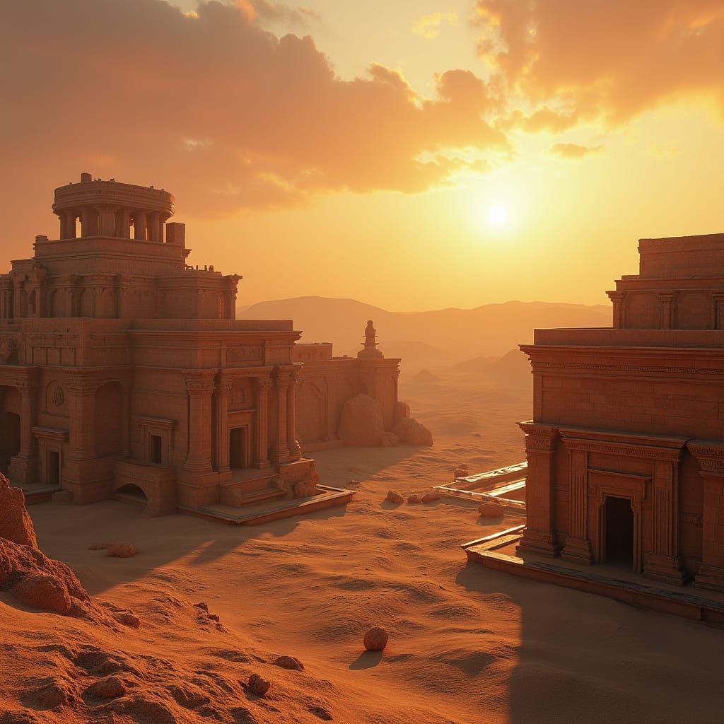 Assyrian Ruins in Desert Sunset: 3D Render