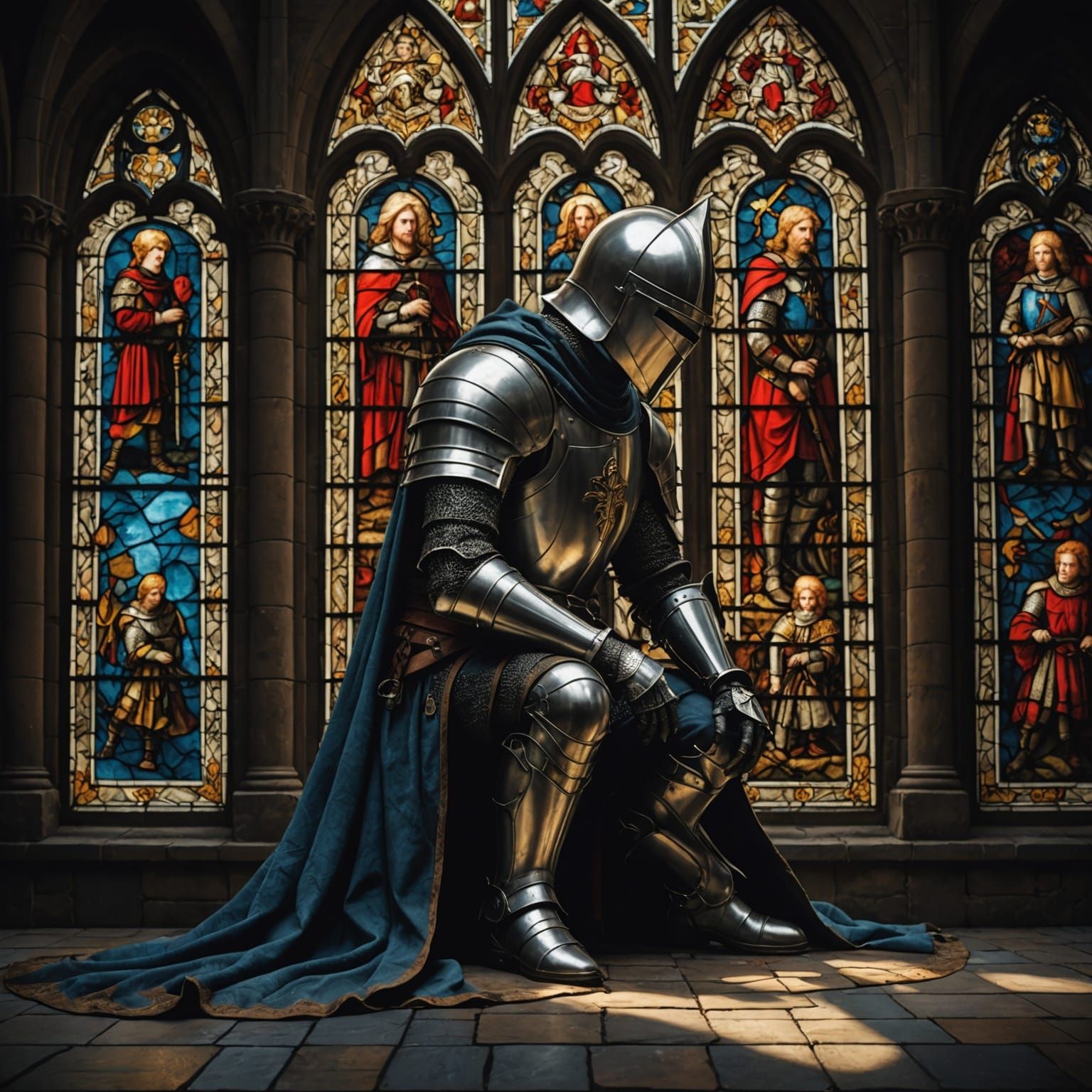 Kneeling Knight in Medieval Stained Glass