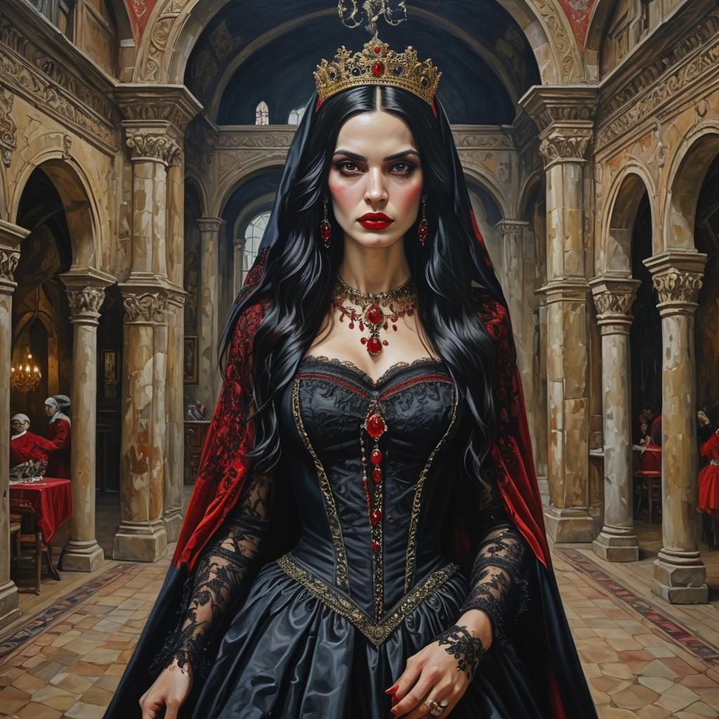 Vampiric Woman in Romanian Castle, Dark Oil Painting