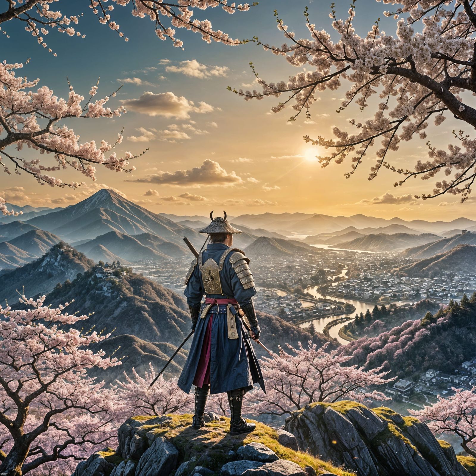Samurai Sunrise: Cherry Blossom Valley Vista