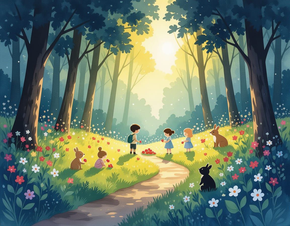 Sunlit Clearing in Dark Forest, Watercolor Style