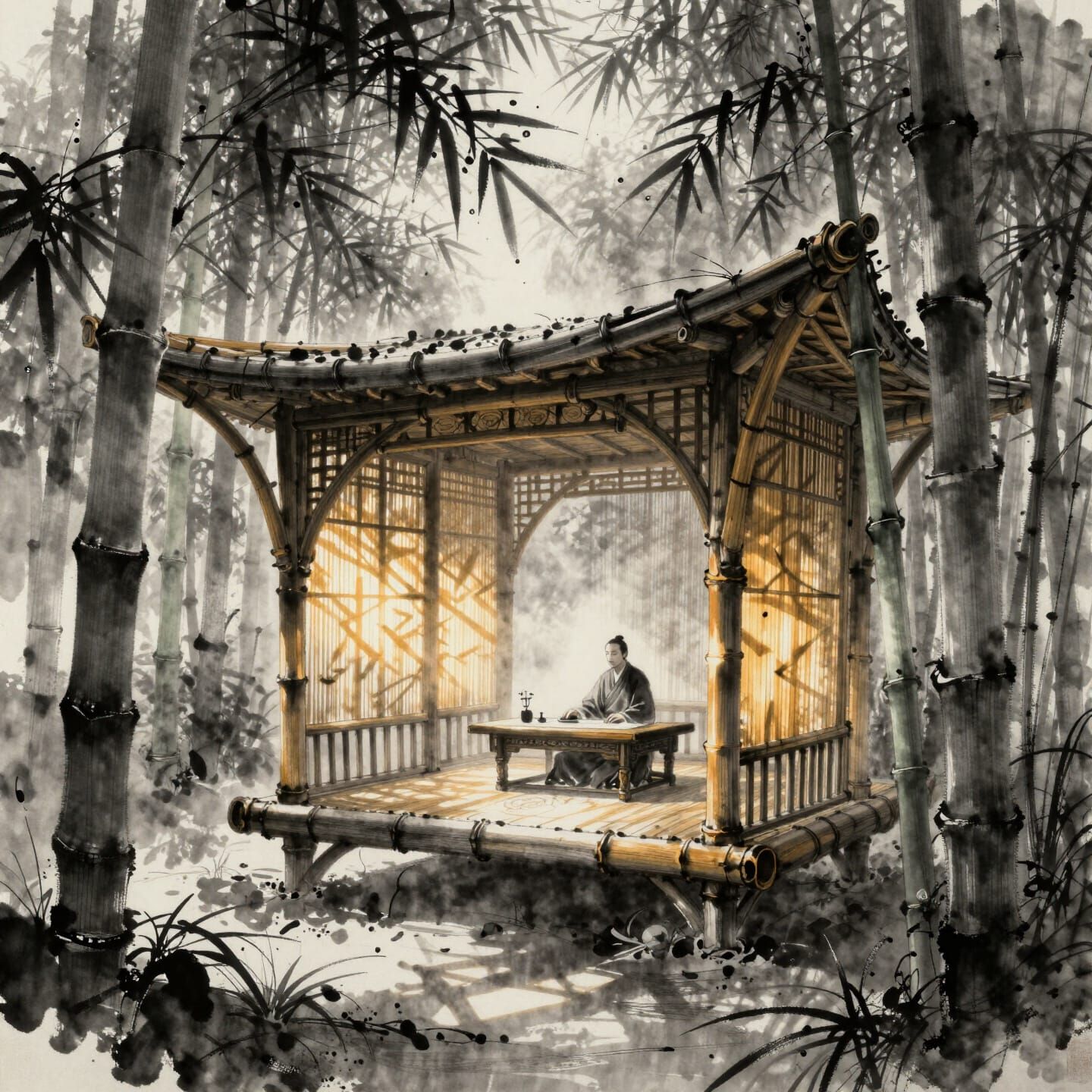 Floating Bamboo Pavilion in Chinese Ink Style