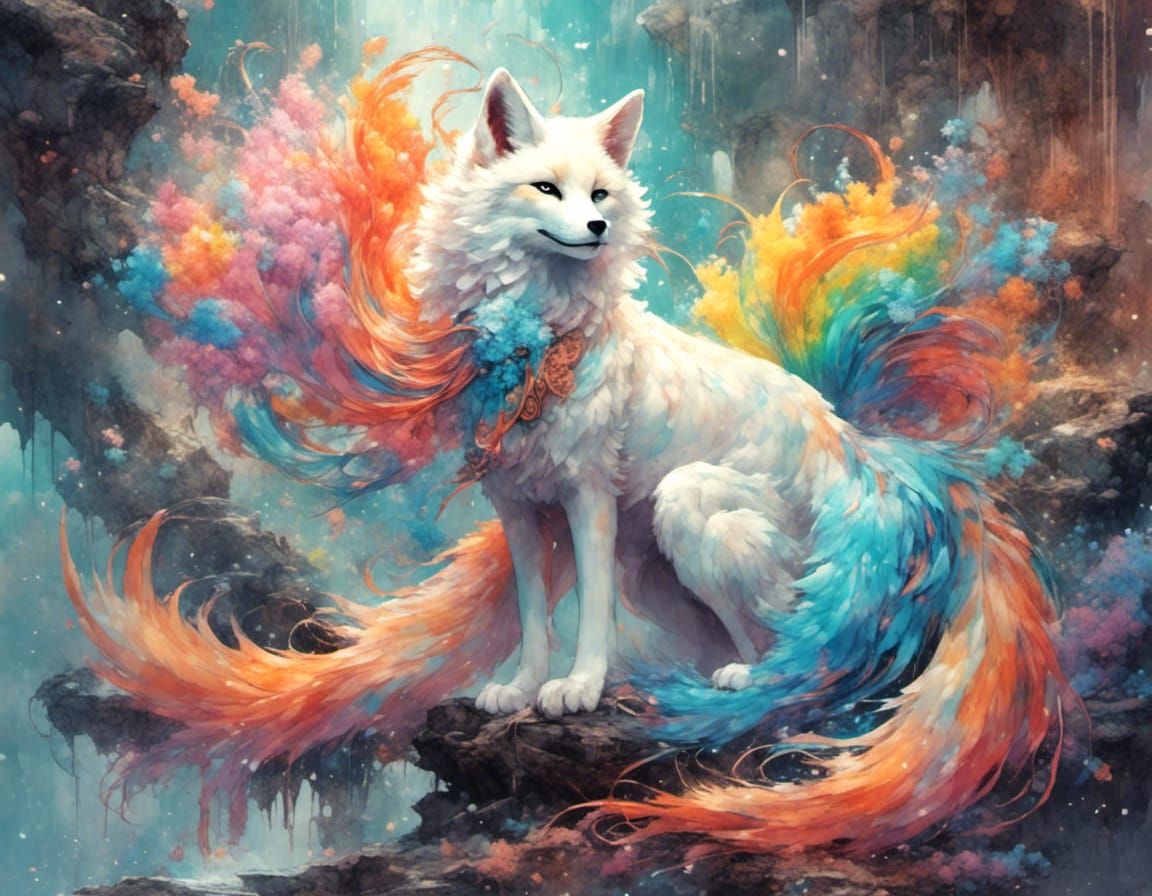 Rainbow-Tailed Kitsune in Whimsical Pastel Land