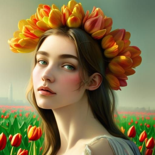 Girl with Flower Hat in Tulip Garden
