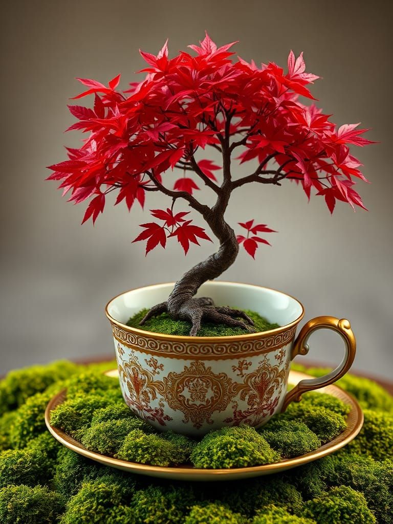 Red maple bonsai tree in a china teacup