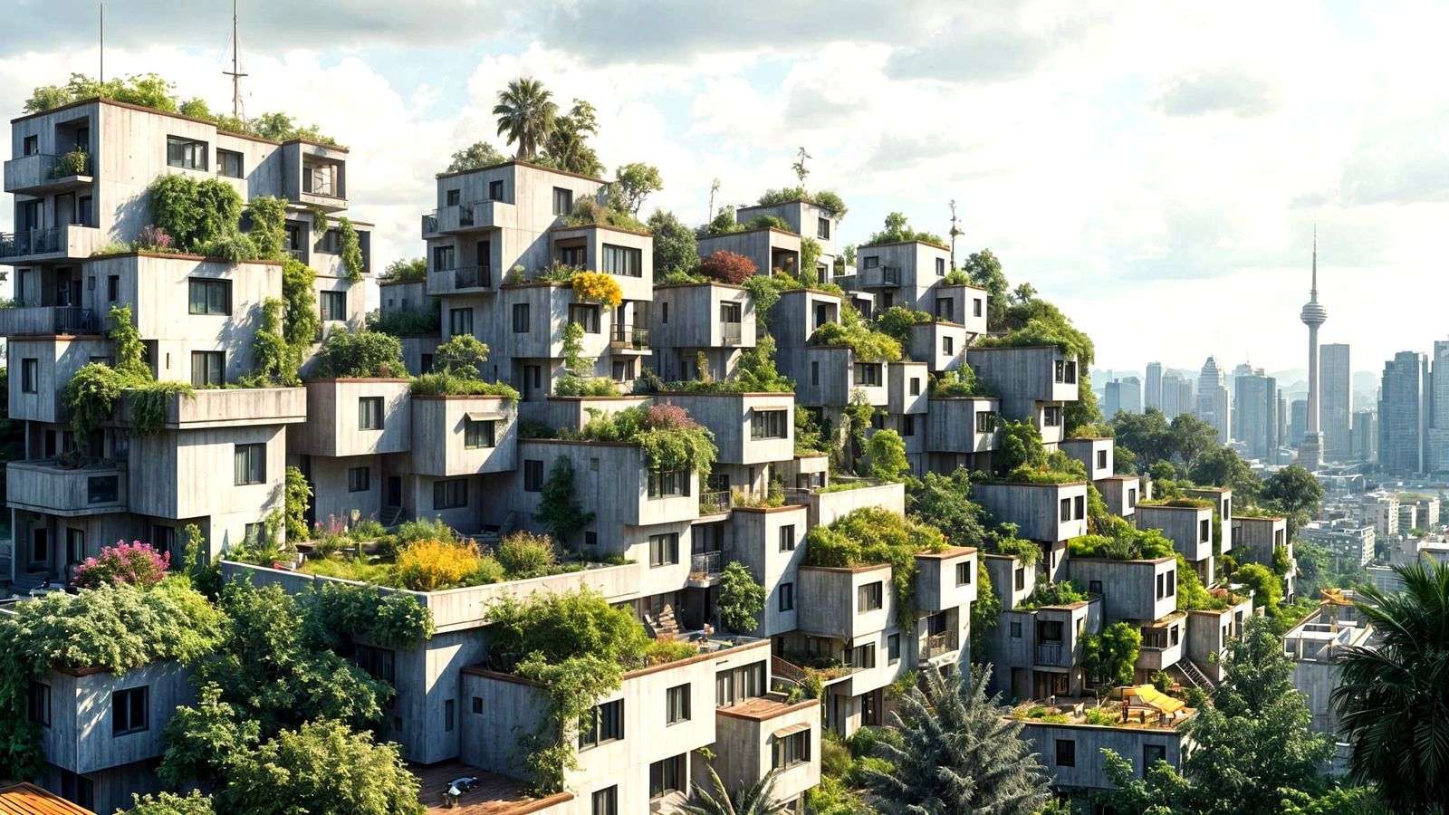 Concrete Cubes Rise Amidst Verdant Rooftops in Futuristic Ho...