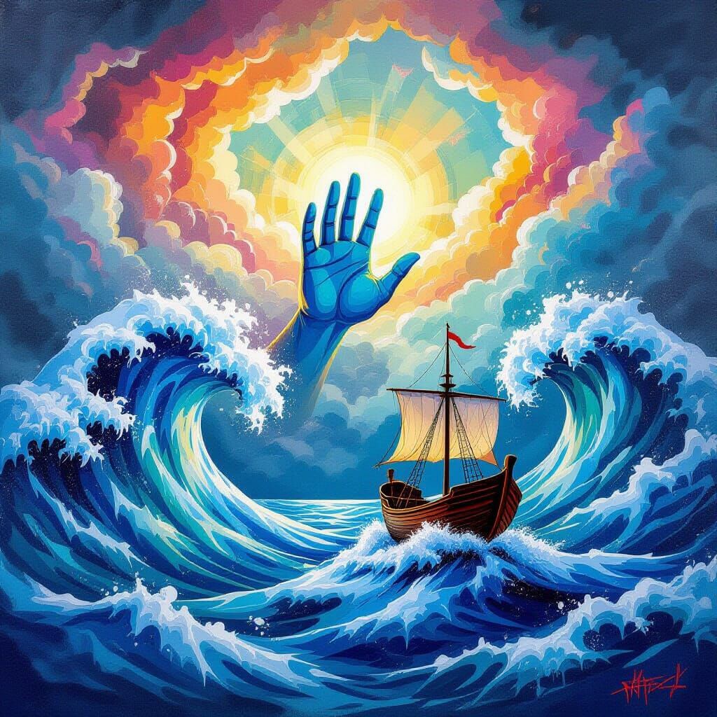 Graffiti Art: Divine Hand Rescues Ship from Stormy Sea