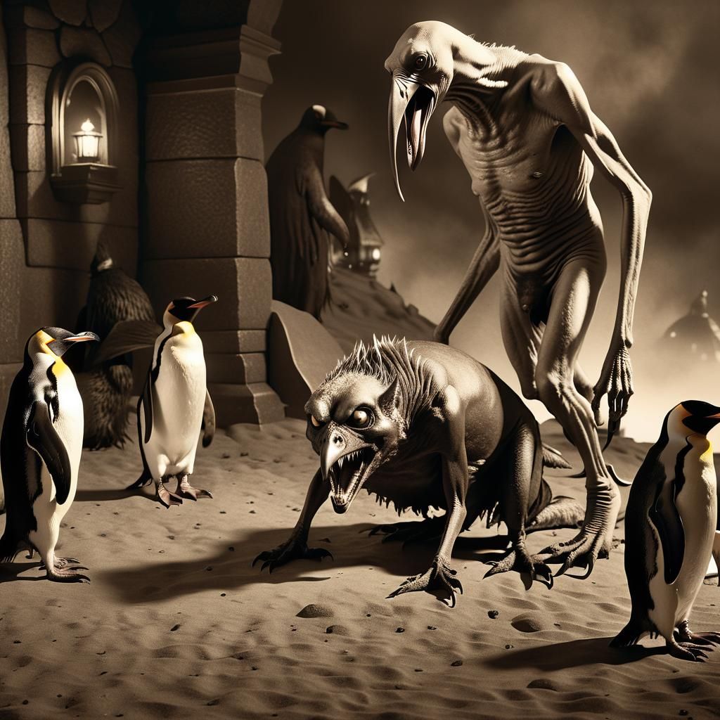 Grotesque Daemon and Penguin in Sepia Photograph