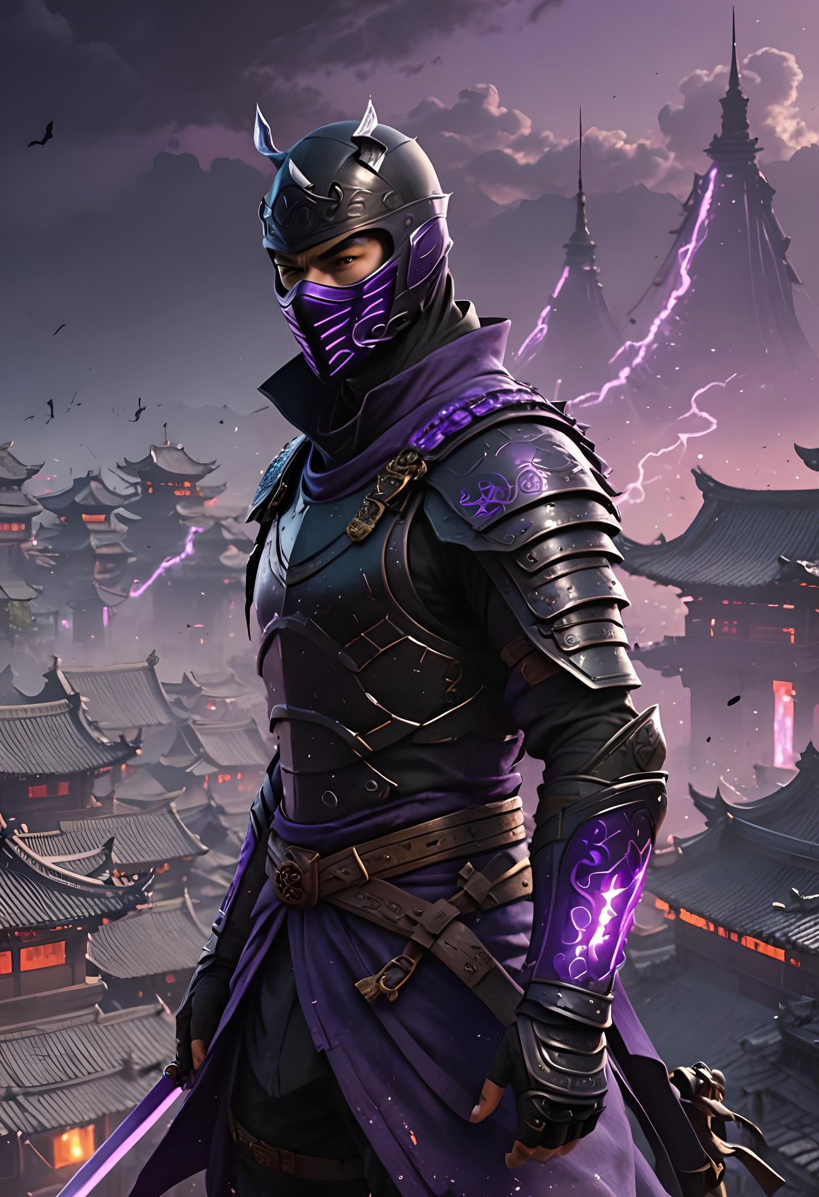 Ninja Warrior on Rooftop with Glowing Armor