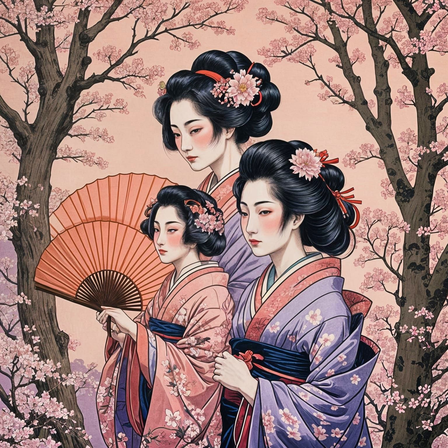 Colorful Ukiyo-e Print of Japanese Geisha