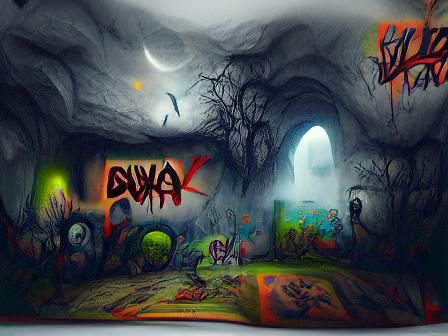 Spooky Dark Cave with Ghosts: Impressionistic Graffiti Art