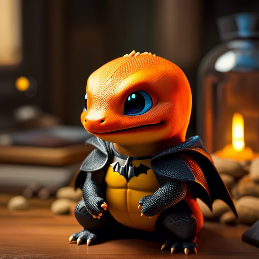 Adorable Charmander is wearing Batman's suit